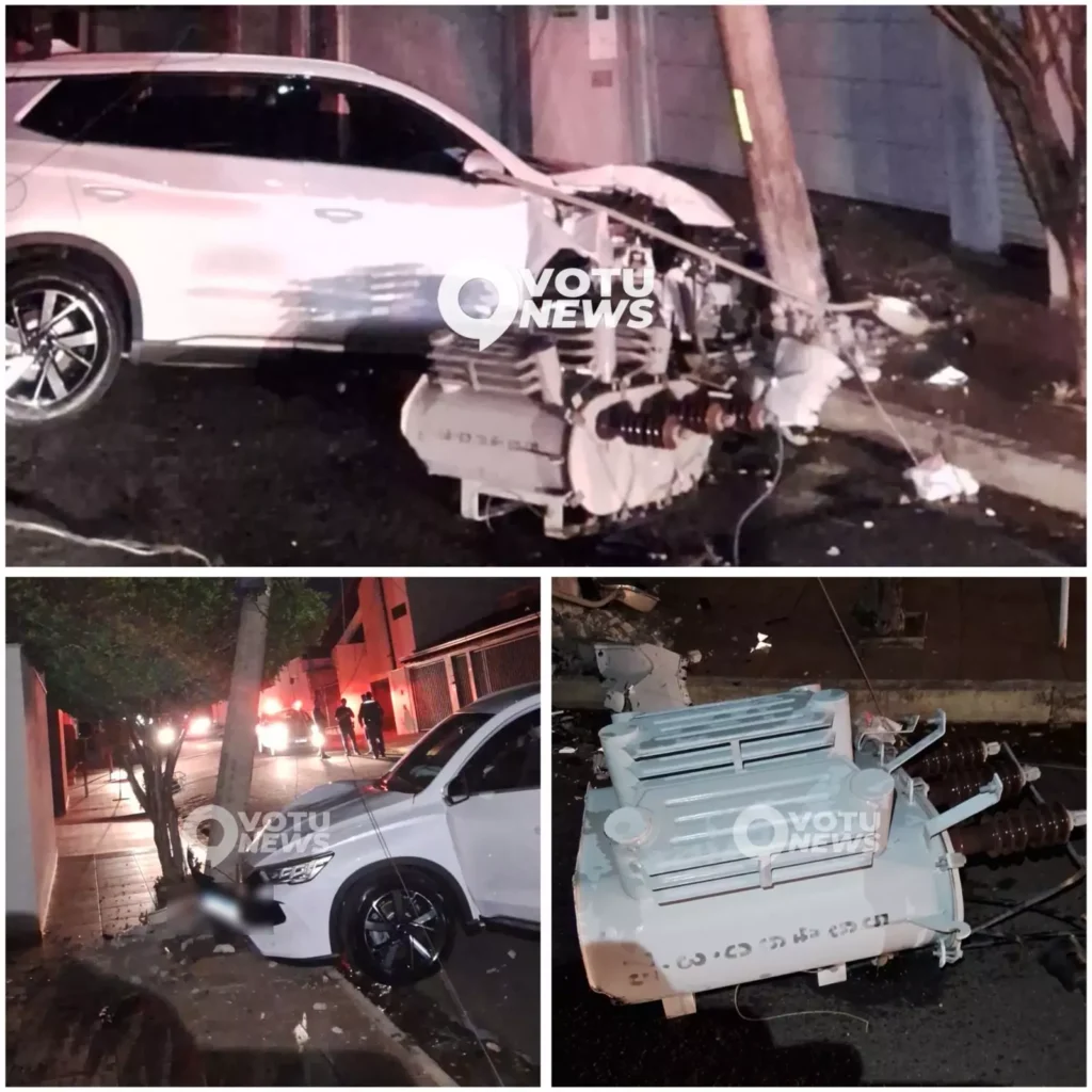 Carro elétrico atinge poste e derruba transformador em Votuporanga